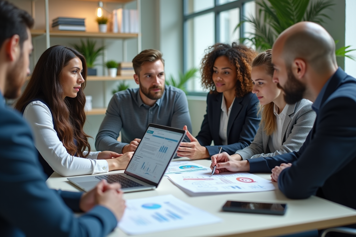 Groupe de professionnels en réunion dans un bureau moderne