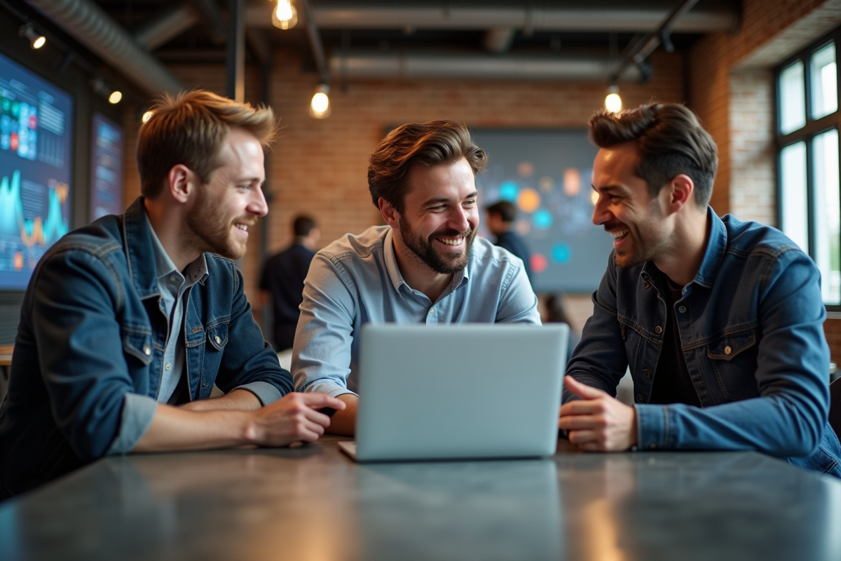 Trois fondateurs fintech discutant dans un espace de coworking moderne