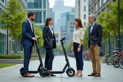 Groupe de quatre salariés autour d un scooter electrique