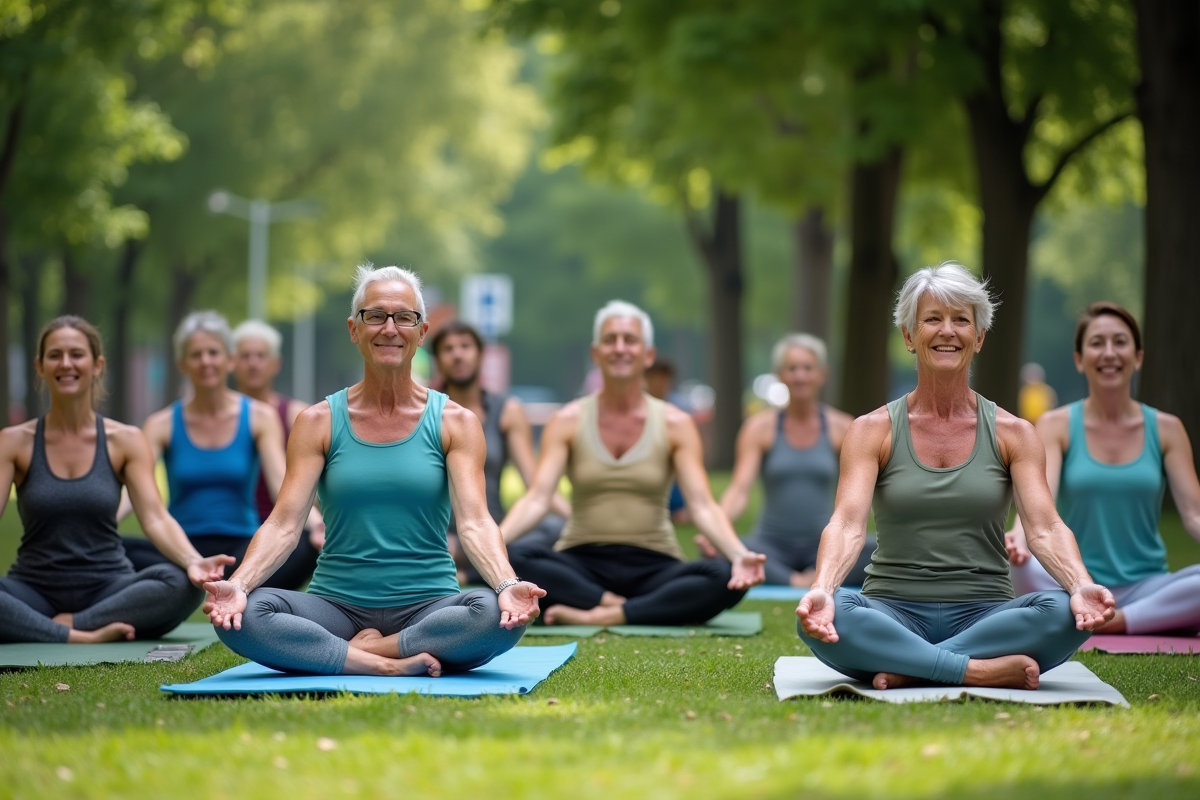 Groupe divers de personnes pratiquant yoga en extérieur