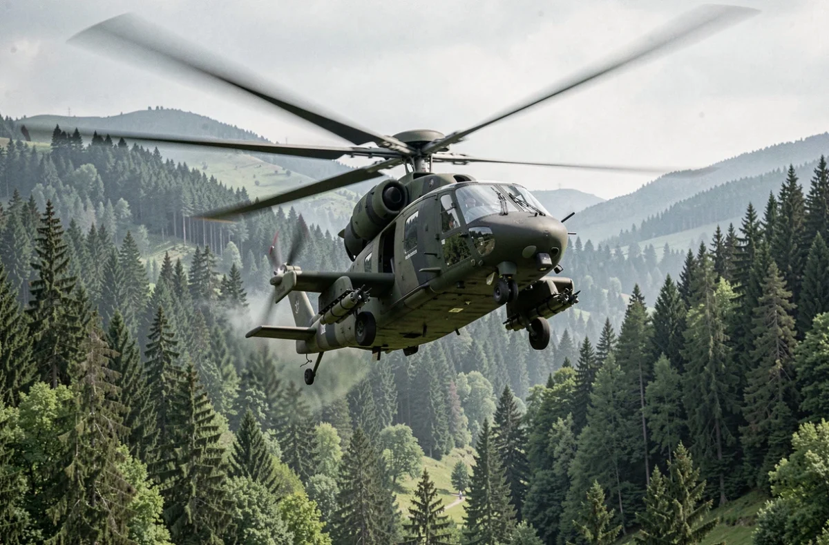Hélicoptère militaire d'attaque en vol bas au-dessus d'une vallée boisée vu depuis le sol en contre-plongée
