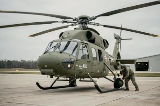 Hélicoptère militaire utilitaire au sol sur tarmac avec technicien en combinaison effectuant une inspection avant vol
