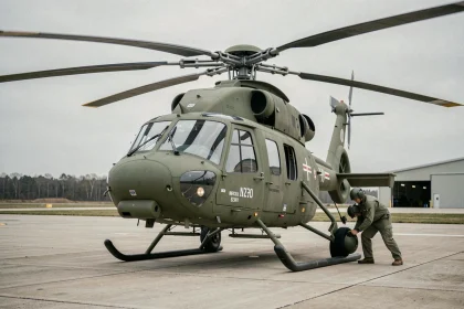 Hélicoptère militaire utilitaire au sol sur tarmac avec technicien en combinaison effectuant une inspection avant vol
