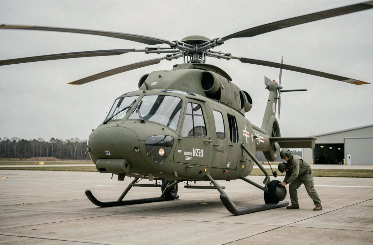 Hélicoptère militaire utilitaire au sol sur tarmac avec technicien en combinaison effectuant une inspection avant vol