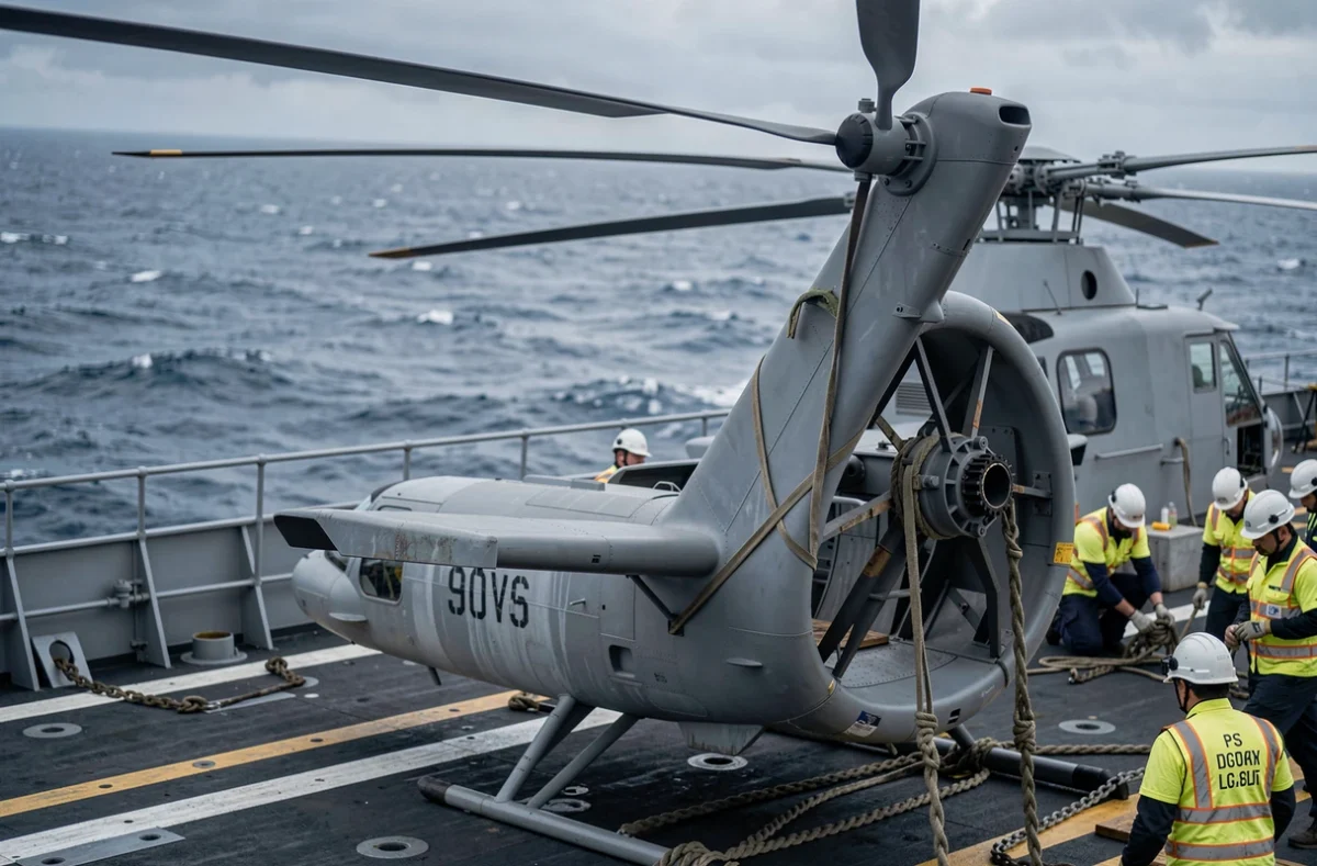 Hélicoptère militaire naval aux pales repliées sur le pont d'un navire de guerre avec équipage pont en mer