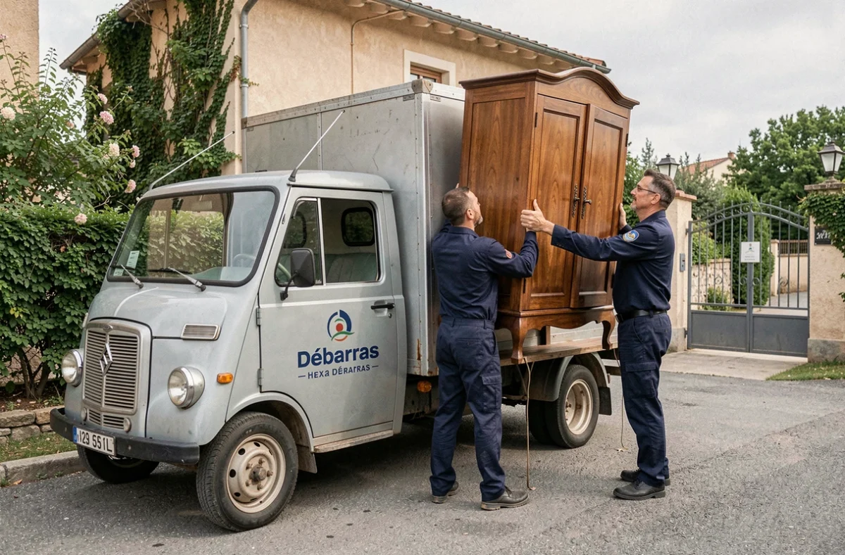 Équipe Hexa Débarras chargeant une armoire ancienne dans leur camion devant un pavillon du Rhône