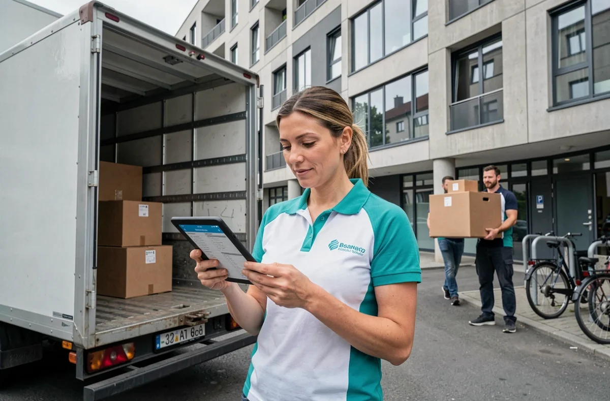 Chef d'équipe Hexvia vérifiant un inventaire sur tablette devant un camion de déménagement à Besançon