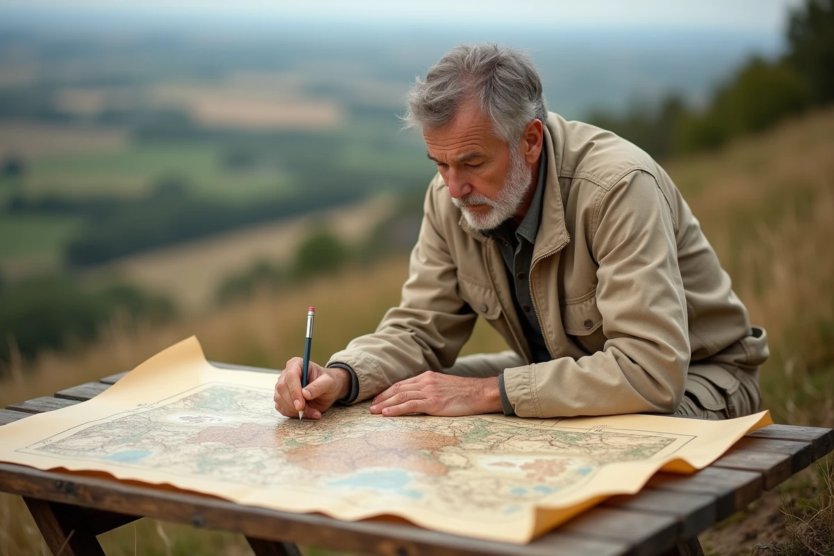 Historien consultant une carte topographique détaillée du site d'Alésia sur le Mont Auxois