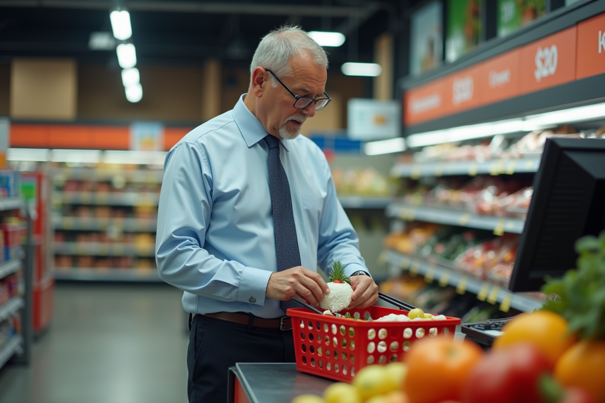 Homme d affaires inquiet au supermarche