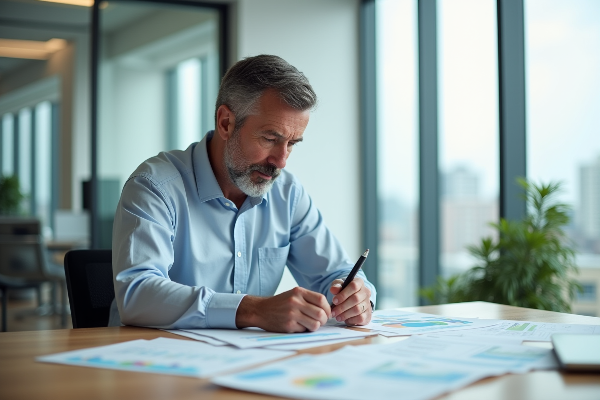 Homme d'affaires examinant des documents financiers colorés