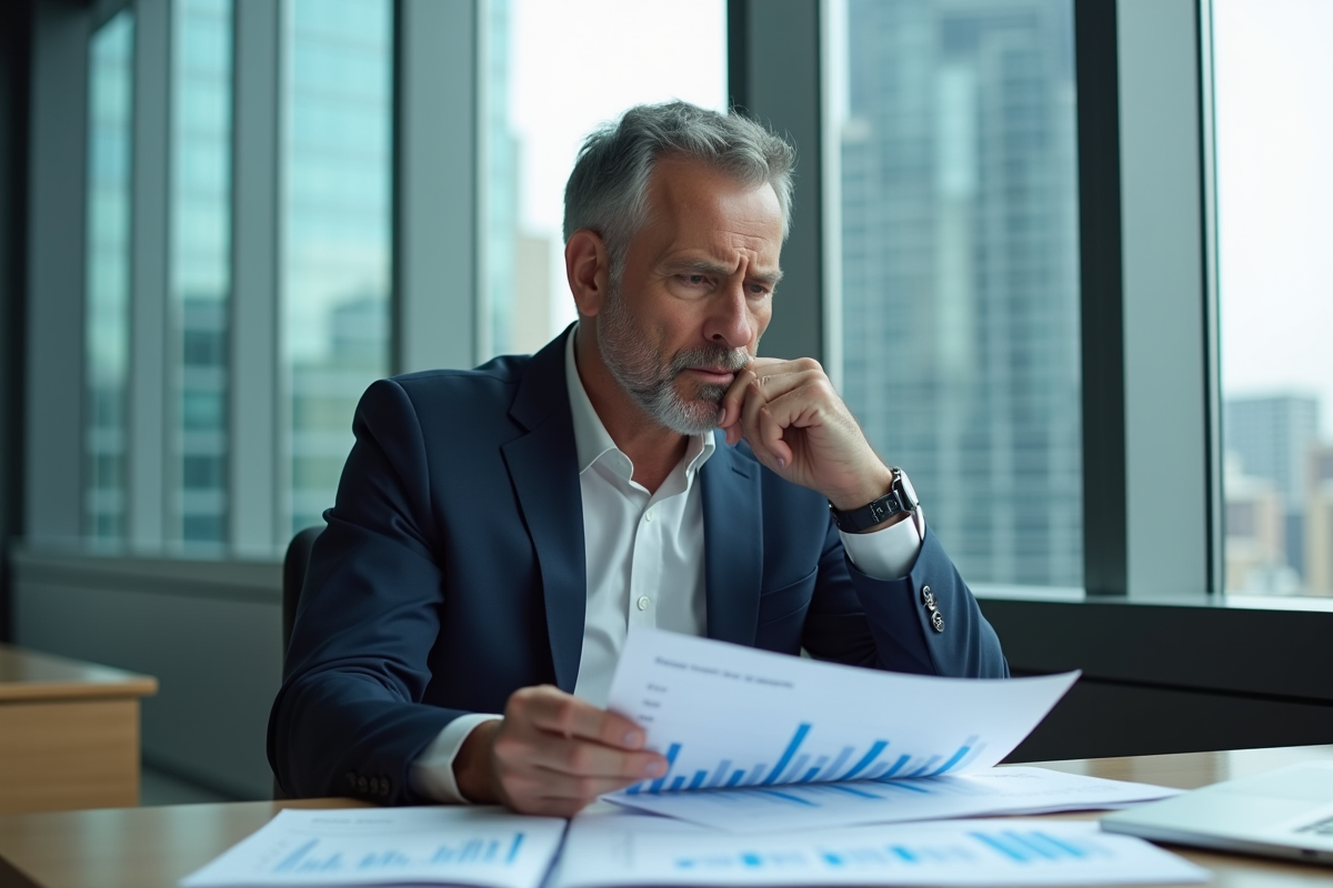 Homme d'affaires regardant des graphiques immobiliers dans un bureau