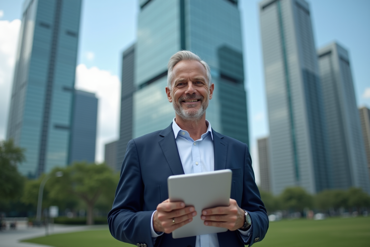 Homme d'affaires confiant en costume navy devant un siège social