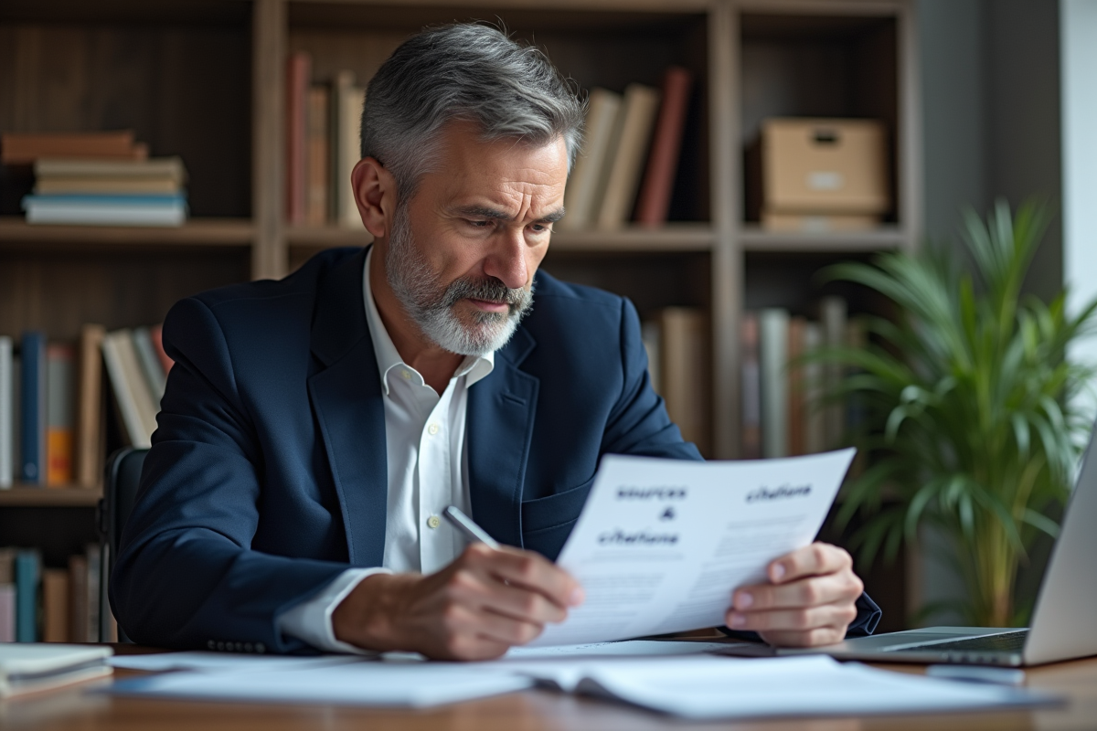 Homme d'âge moyen en blazer bleu examine des sources