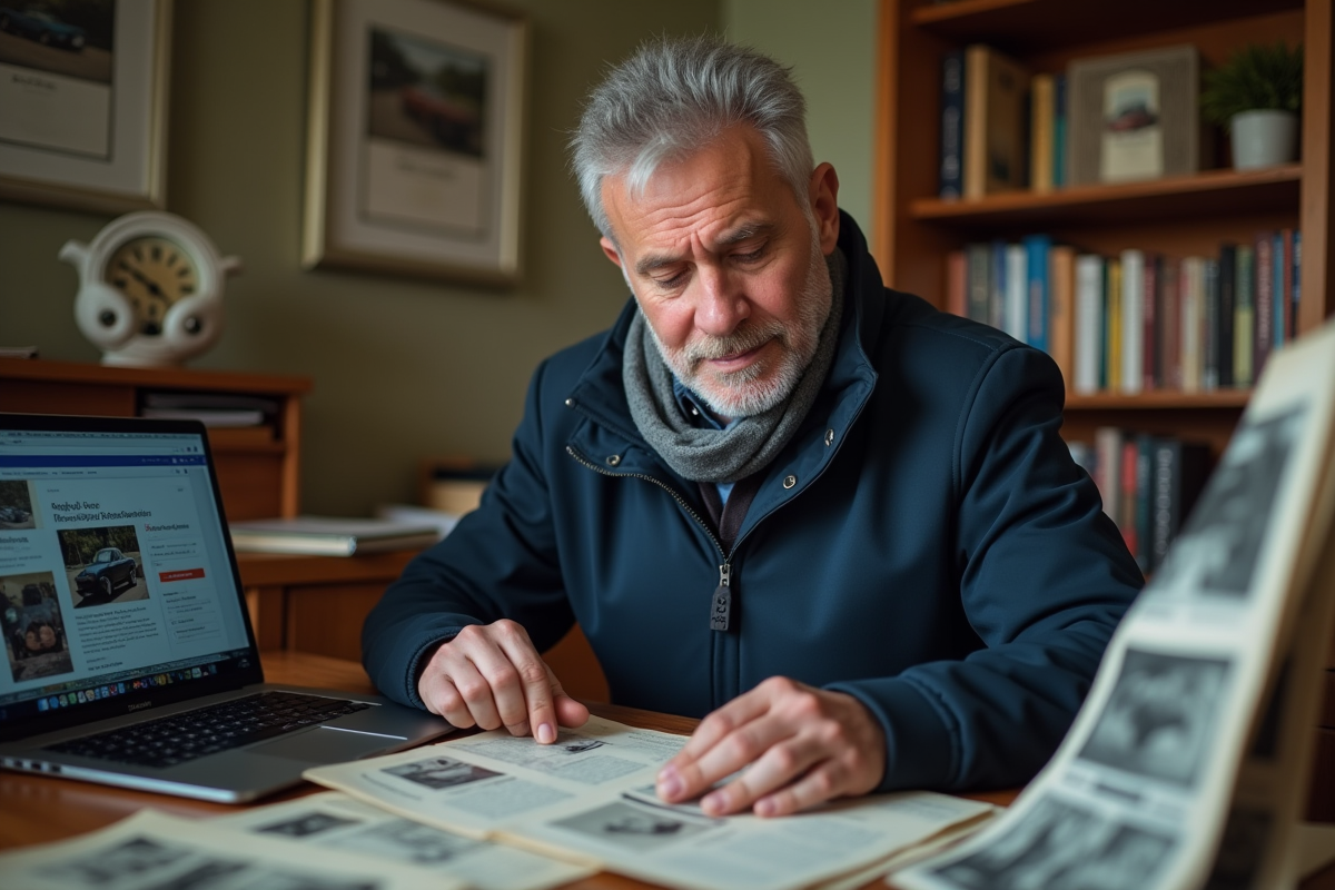 Homme d'âge moyen triant des documents de voiture ancienne