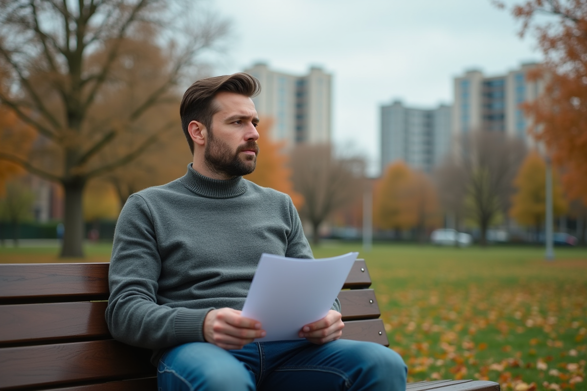 Homme pensive assis sur un banc dans un parc en automne