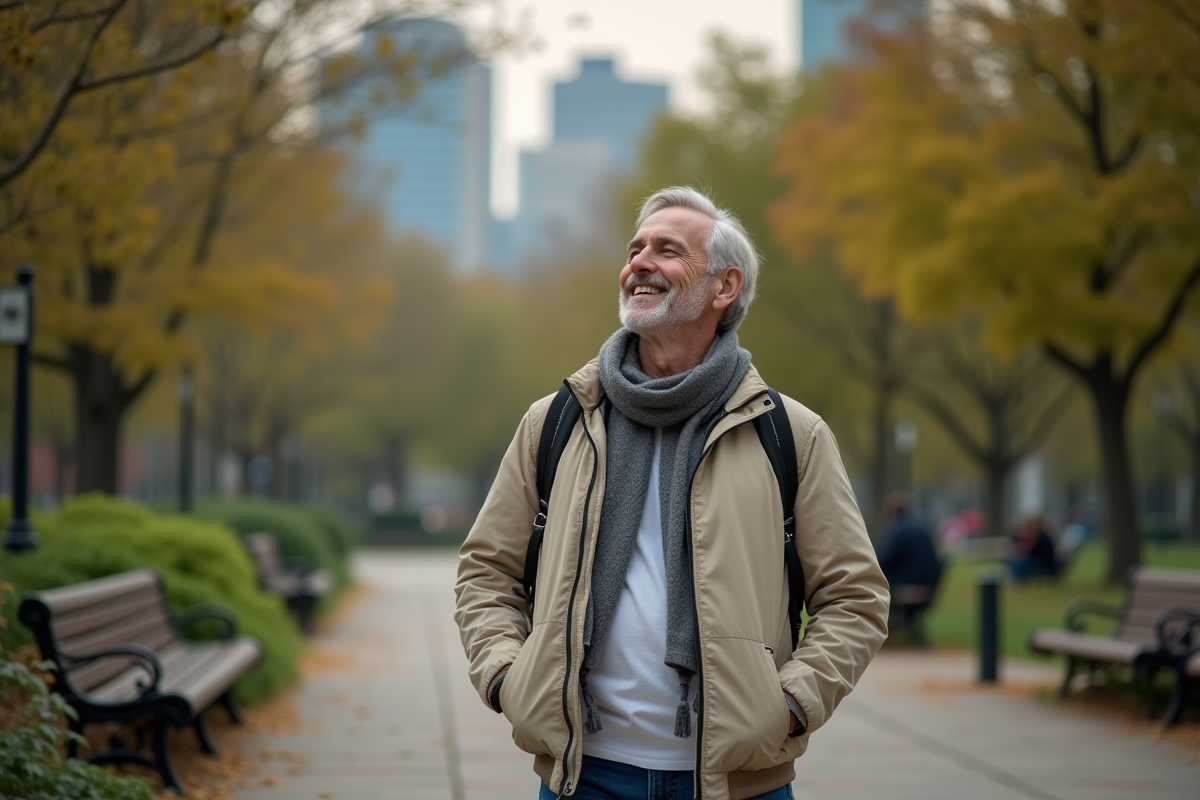 Homme marchant dans un parc urbain en milieu de journée