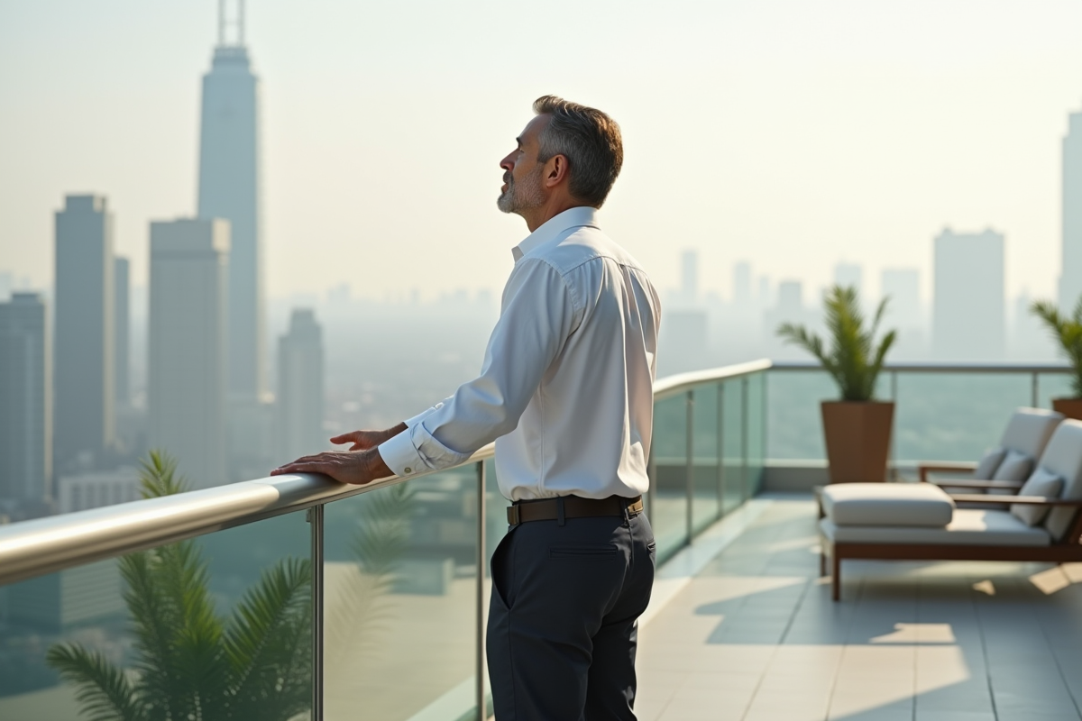 Homme pensif sur un balcon avec vue sur la ville