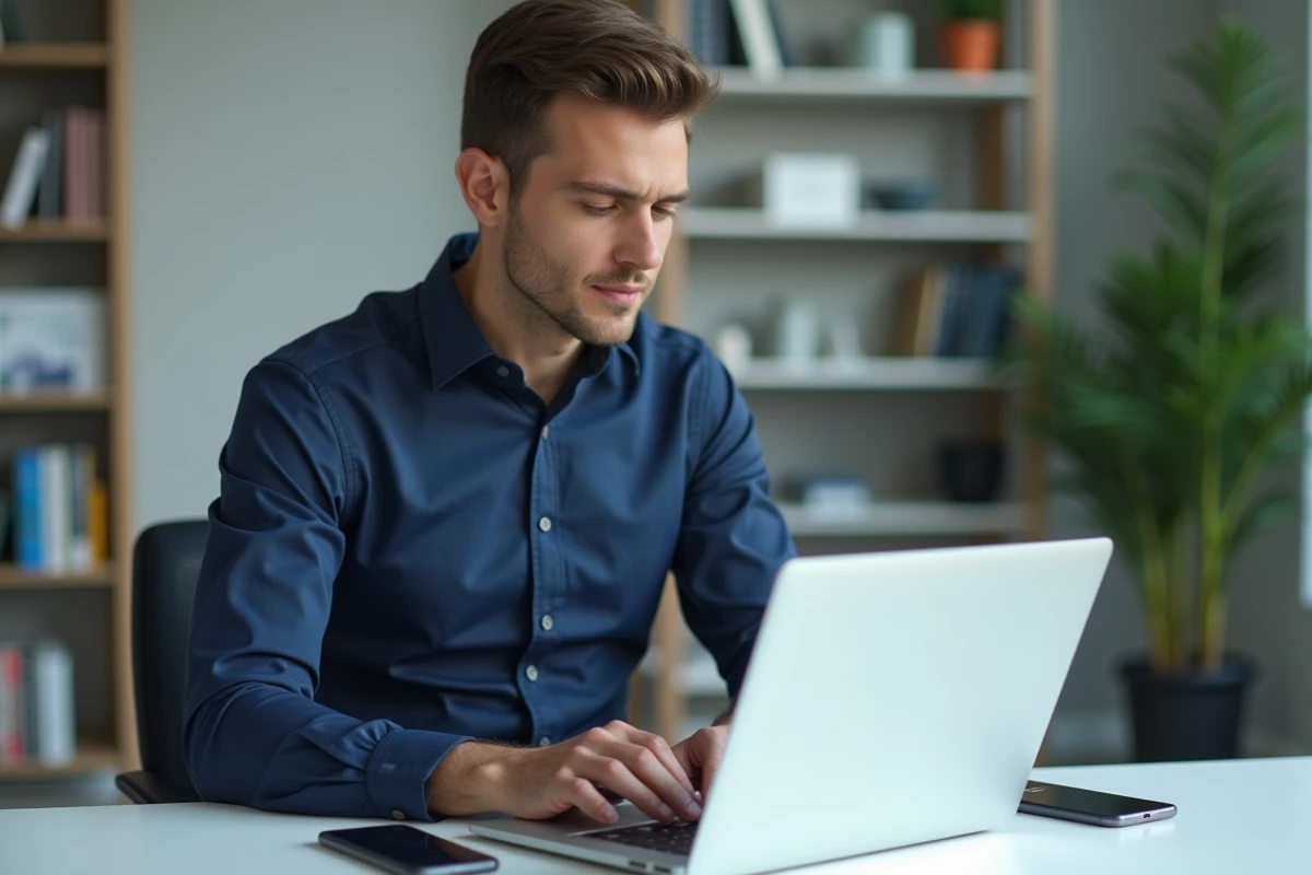 Homme au bureau consultant un site de protection contre les appels indésirables sur ordinateur portable avec un smartphone posé à côté