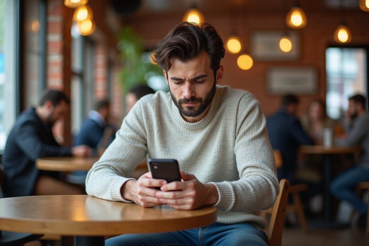 Homme décontracté au café regardant son smartphone