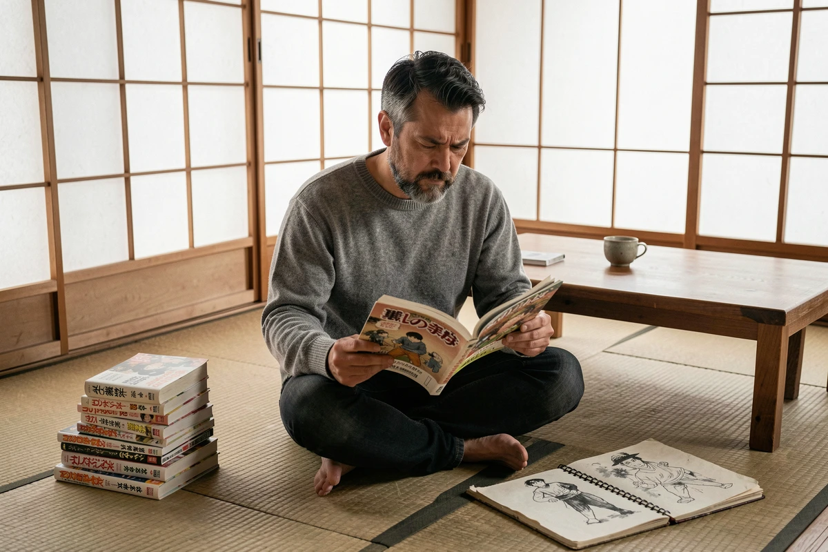Homme comparant des éditions originales de manga sur un tatami, analyse critique et regard d'auteur sur l'œuvre source