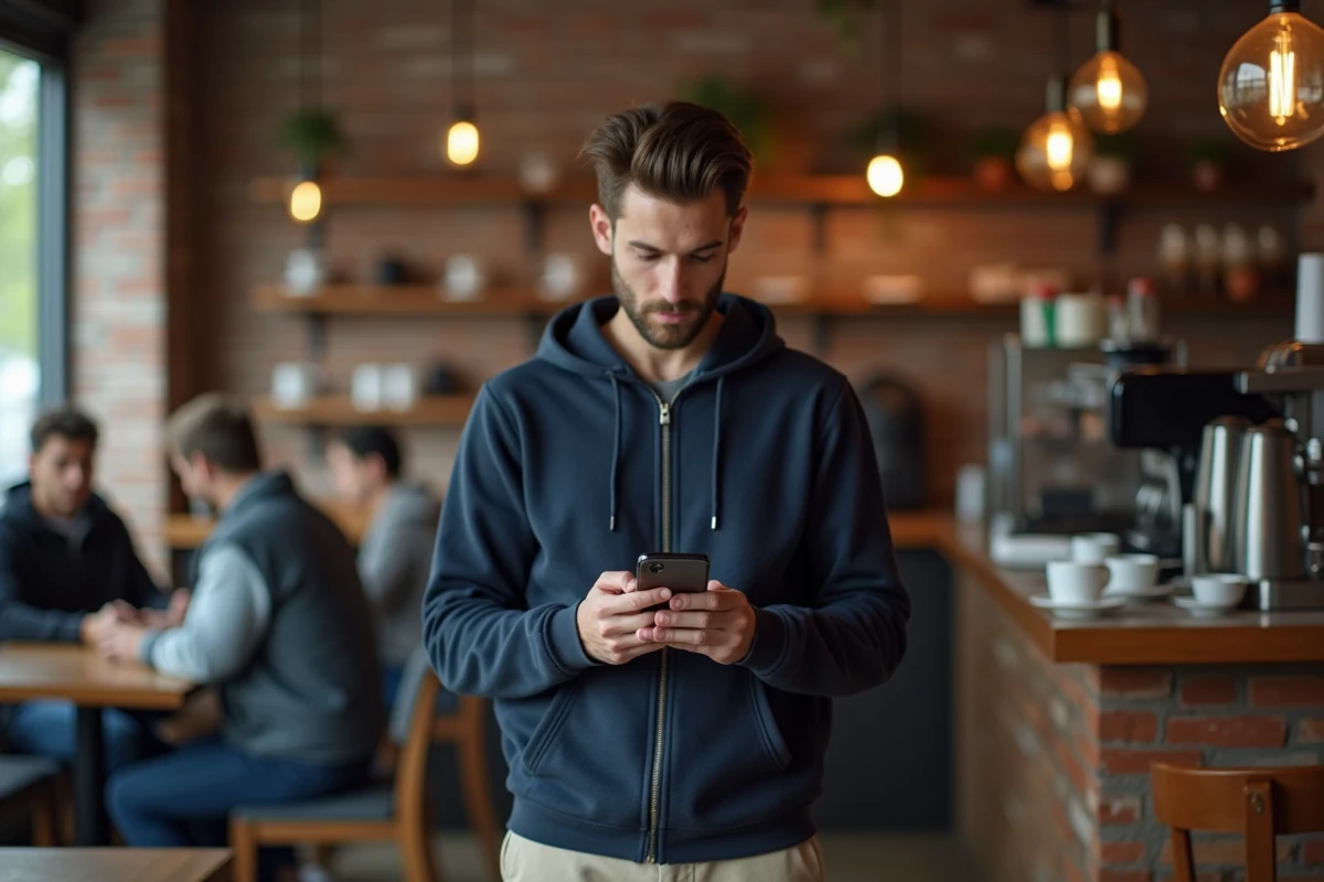 Homme consultant un site d'informations pratiques et bons plans sur smartphone dans un café urbain en 2026