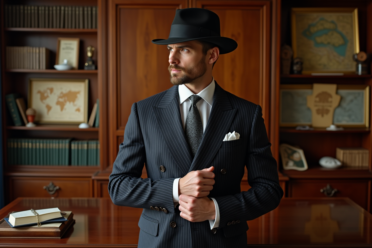 Homme élégant en costume à rayures dans un bureau ancien