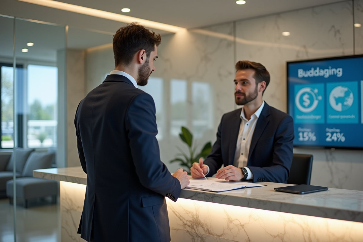 Homme en costume discutant avec un conseiller financier à la banque