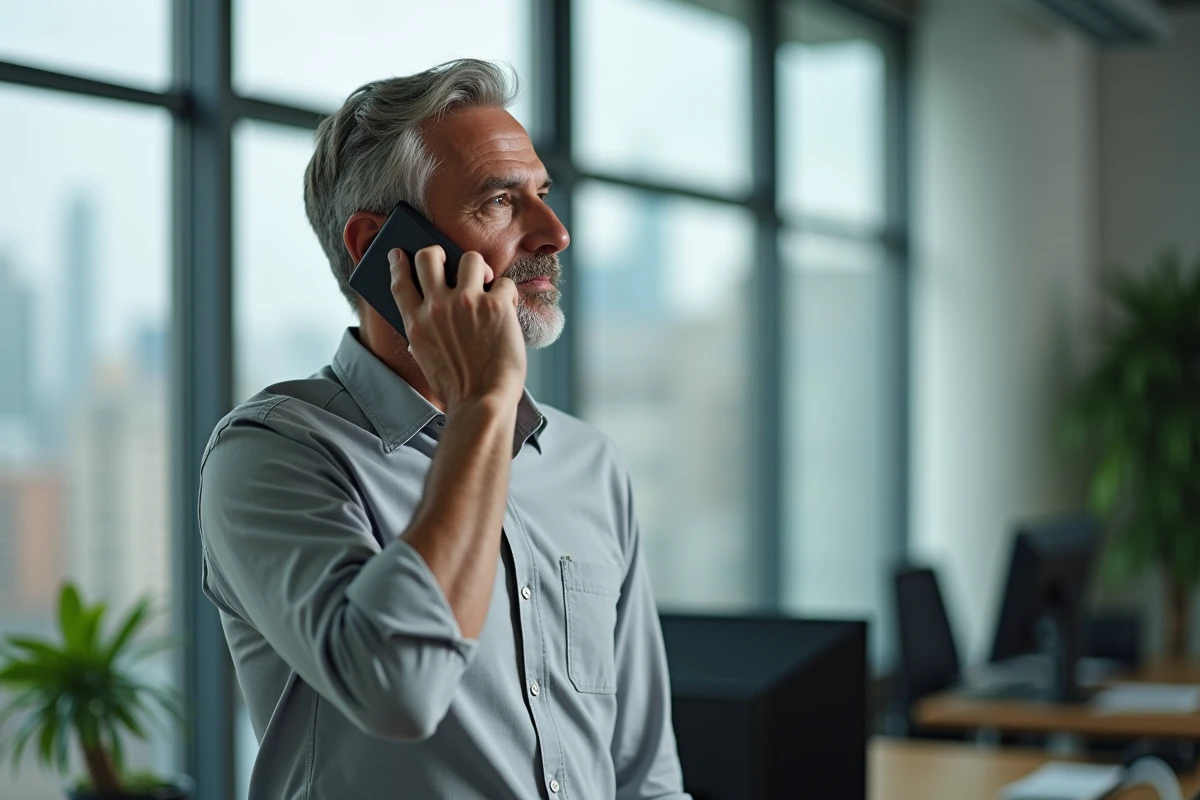 Homme distrait téléphonant près d'une fenêtre de bureau, symbolisant la différence entre entendre passivement et écouter activement