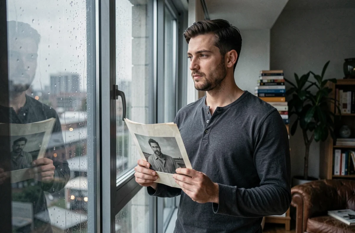 Homme contemplant une photo ancienne près d'une fenêtre sous la pluie, perdu dans ses pensées sur une personne absente