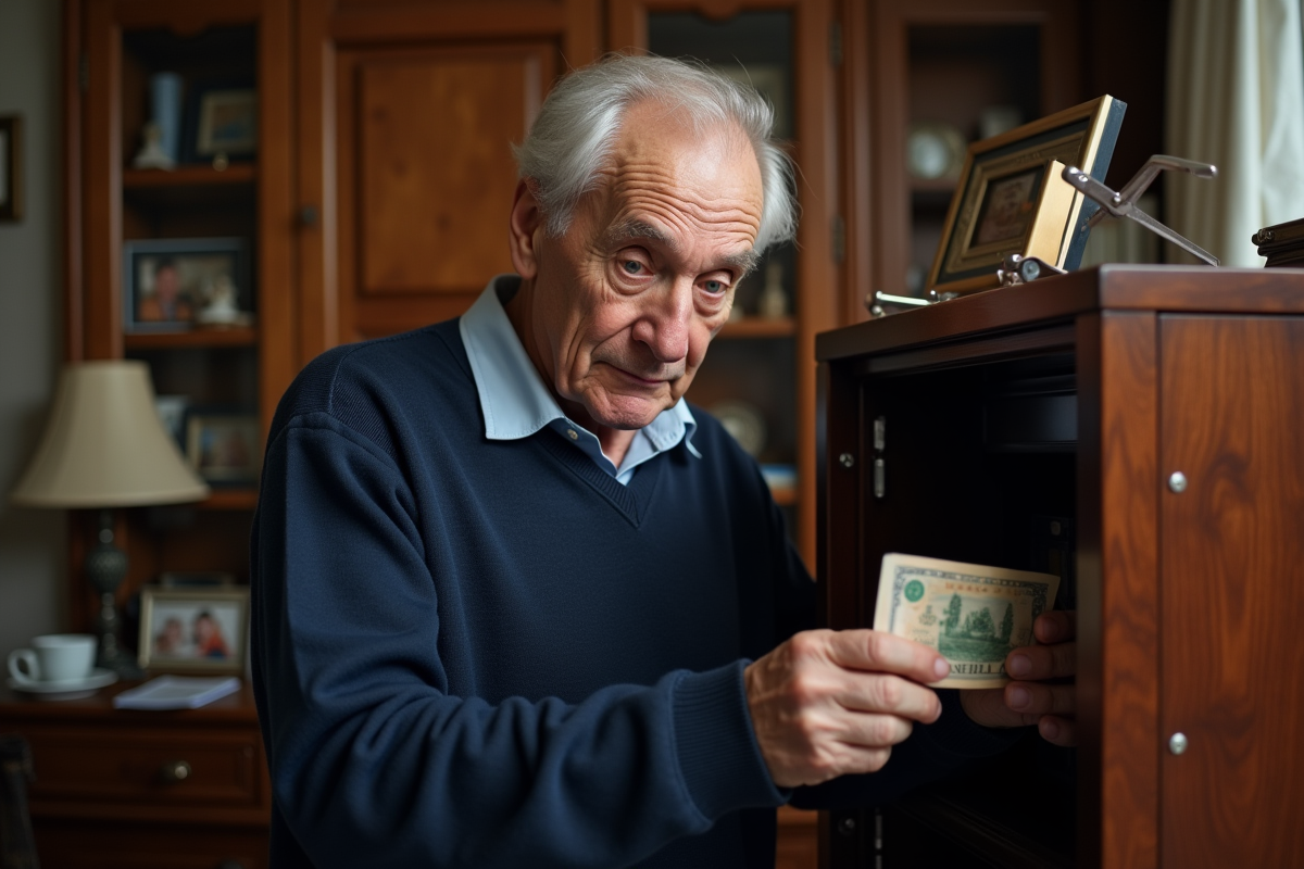 Homme âgé range des billets dans un coffre-fort traditionnel