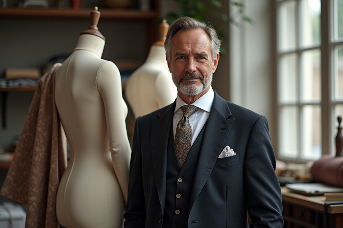 Homme en costume dans un atelier de couture avec mannequin et tissus