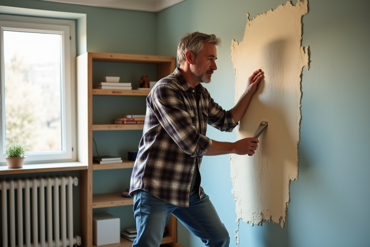 Homme appliquant mousse isolante sur un mur intérieur