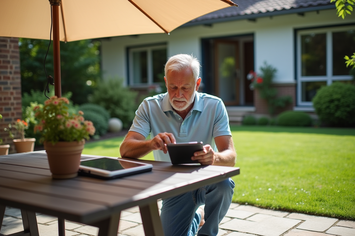 Homme vérifiant un panneau solaire dans son jardin
