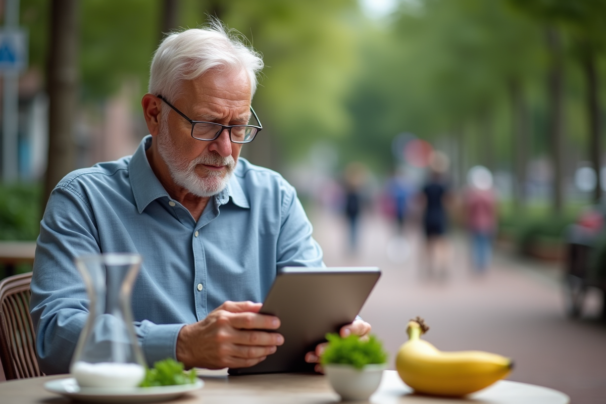 Homme âgé lisant tranquillement dans un café en ville