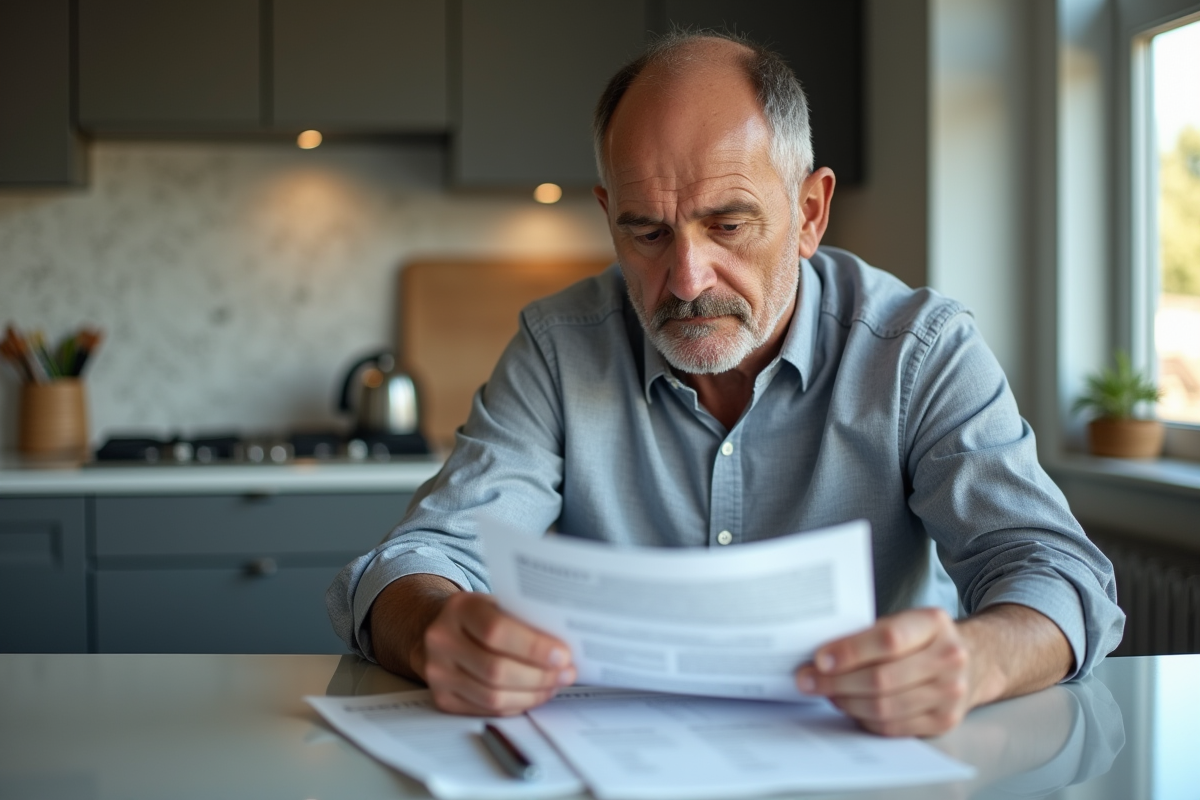 Homme d'âge moyen lisant des documents de prêt immobilier