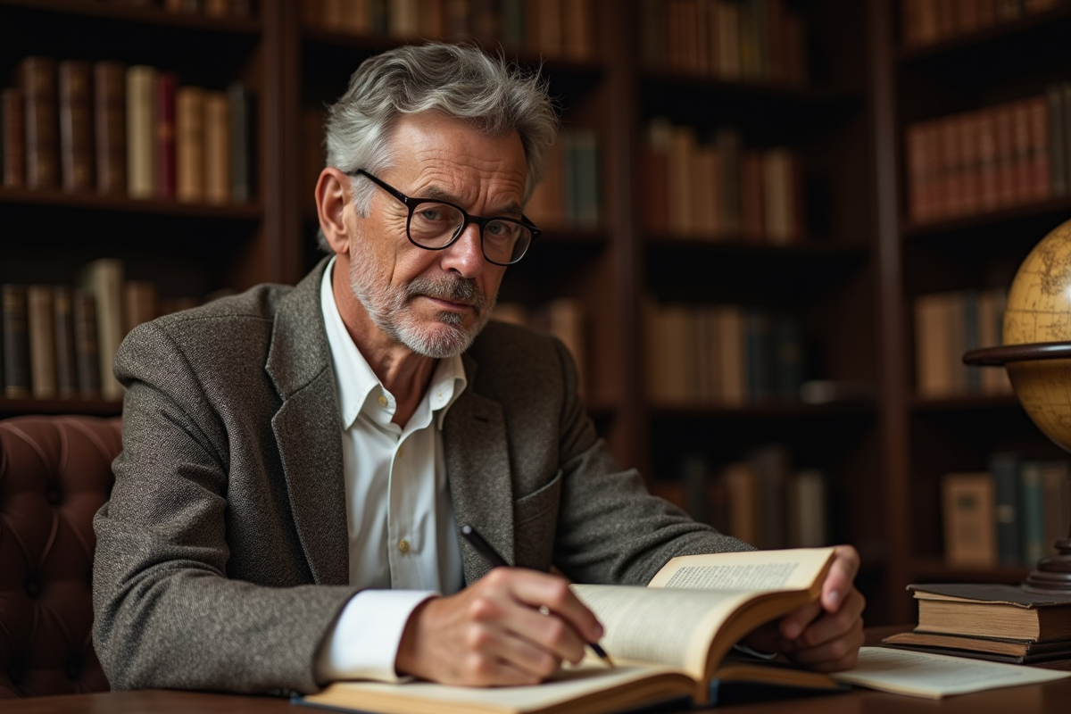 Homme d'âge moyen lisant un livre de philosophie dans un bureau ancien