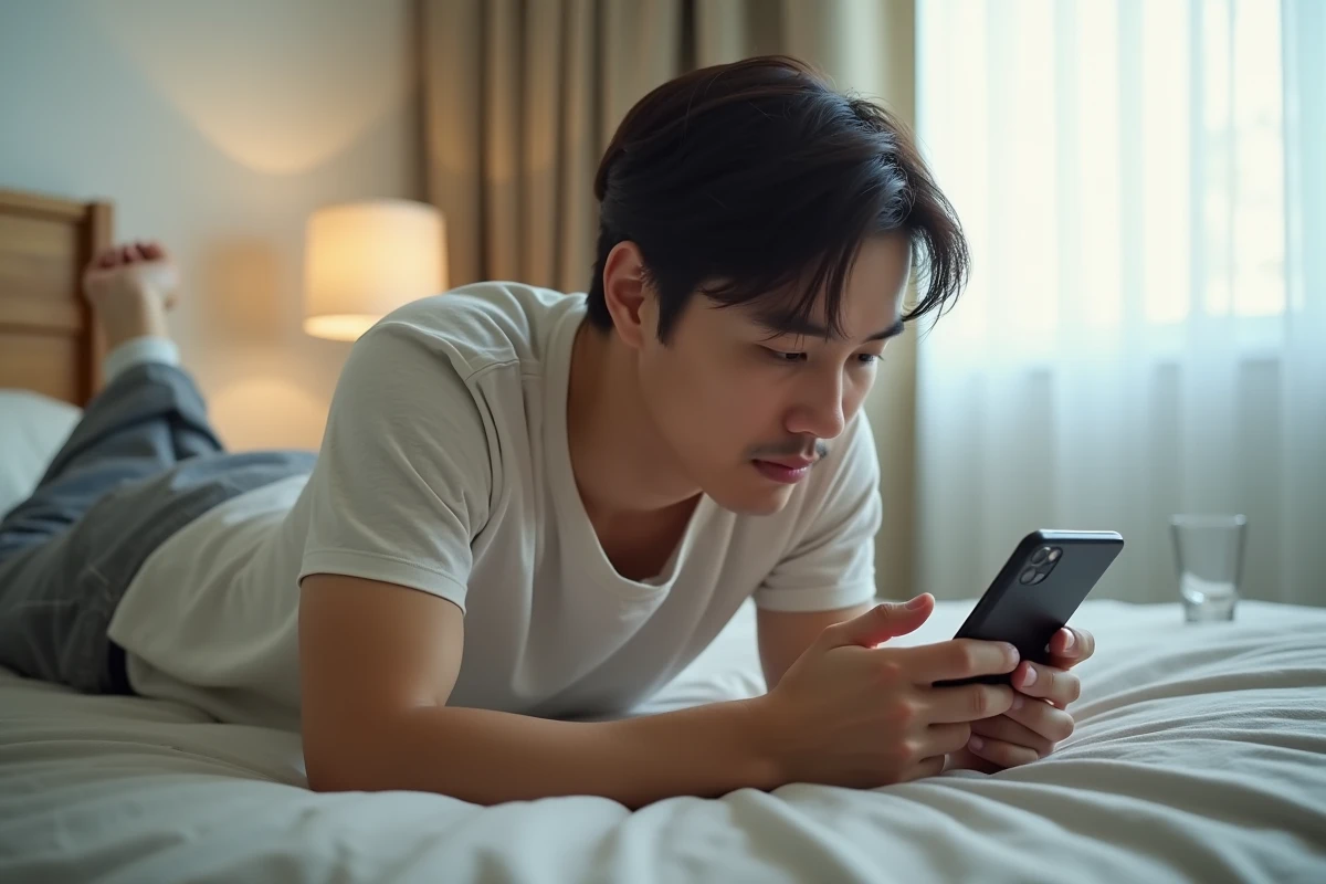 Homme allongé sur son lit en train de lire des scans manga sur son téléphone portable