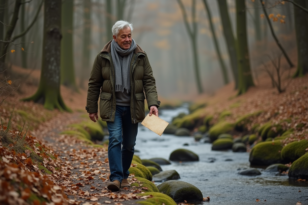 Homme jetant une lettre dans un ruisseau en forêt automnale