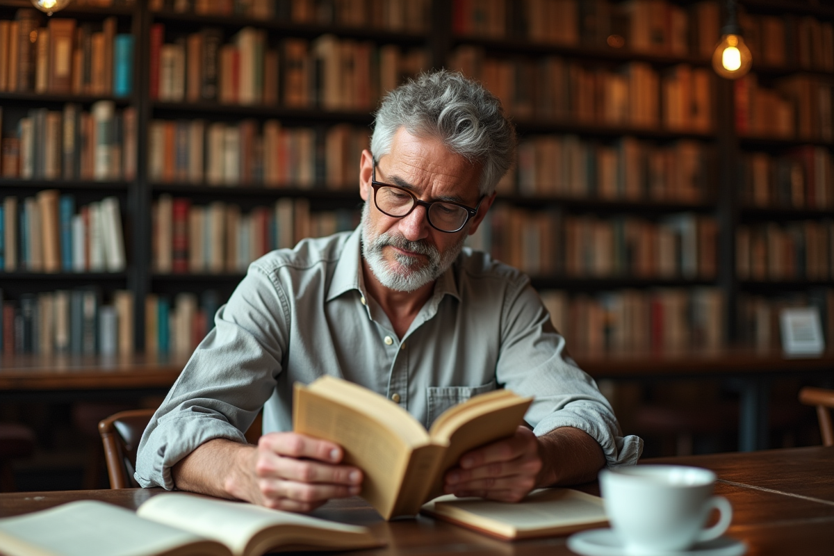 Homme lisant dans un café français chaleureux