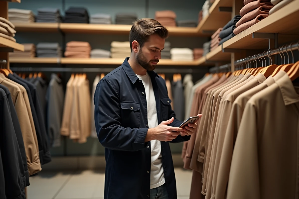 Homme comparant des vêtements en magasin à l'aide de son smartphone pour ses achats mode connectés