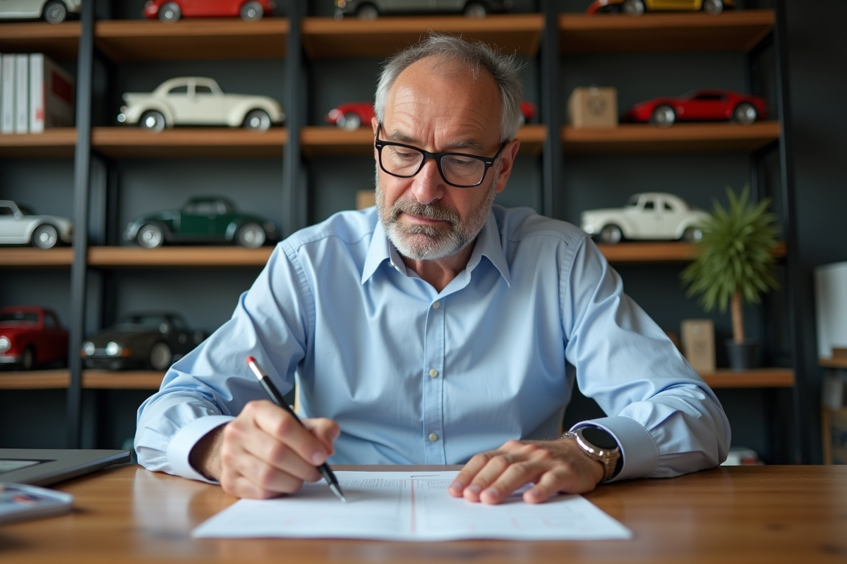 Homme concentré remplissant documents de voiture dans un bureau moderne