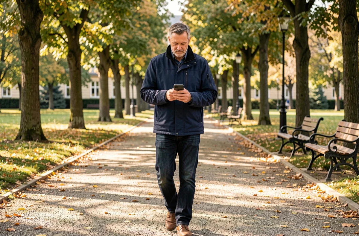 Homme consultant son téléphone en se promenant dans un parc en automne — contexte d'apprentissage du français et des nuances grammaticales