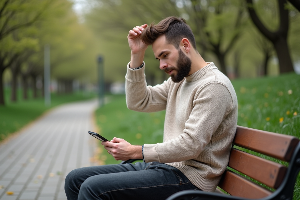 Jeune homme ajustant sa coiffure dans un parc