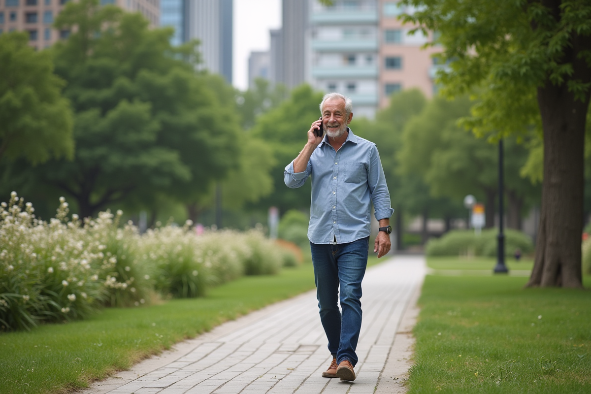 Homme souriant parlant au téléphone dans un parc urbain