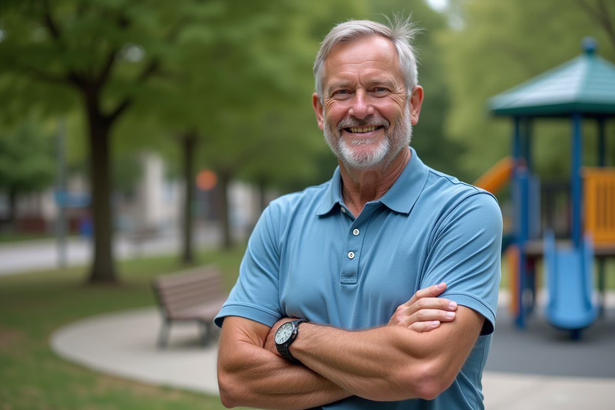 Homme portant un polo en polyester dans un parc urbain