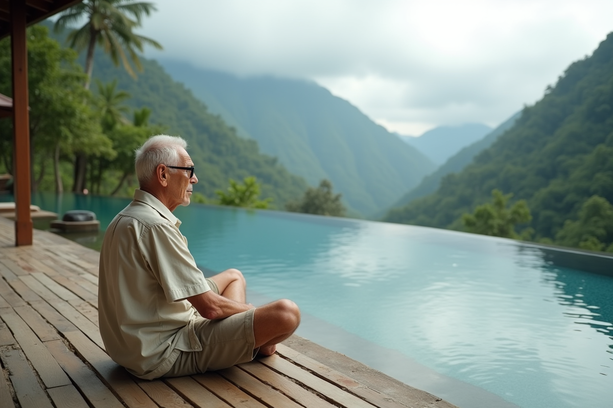 Homme agee contemplant une piscine infinity et montagnes