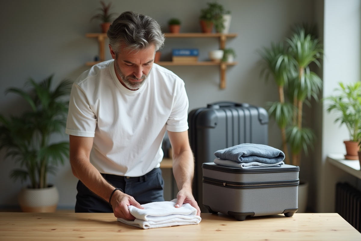 Homme pliant des vêtements dans un appartement lumineux