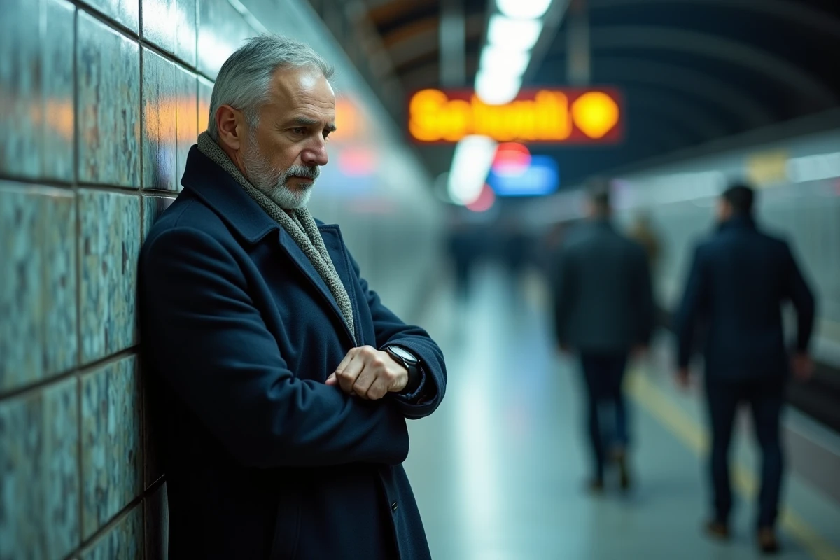 Homme attendant sur un quai de métro en regardant sa montre, illustrant le verbe attendre