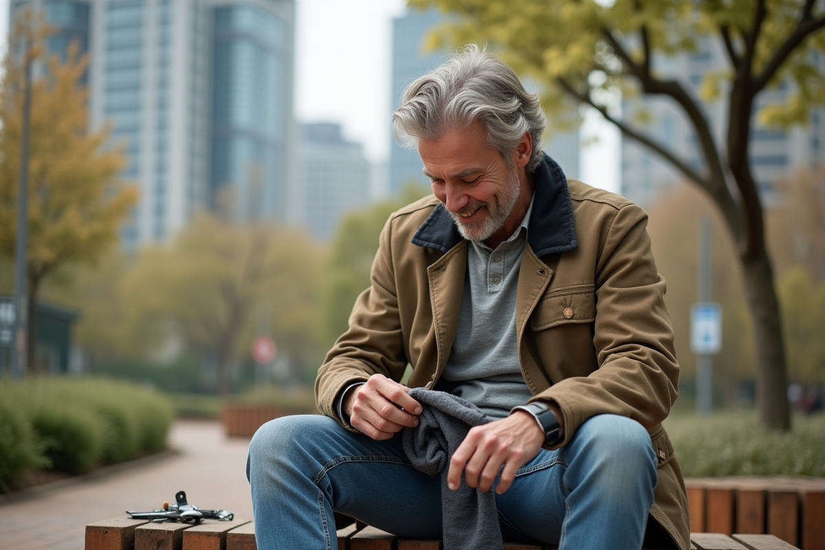 Homme répare un vêtement en plein air dans un parc urbain