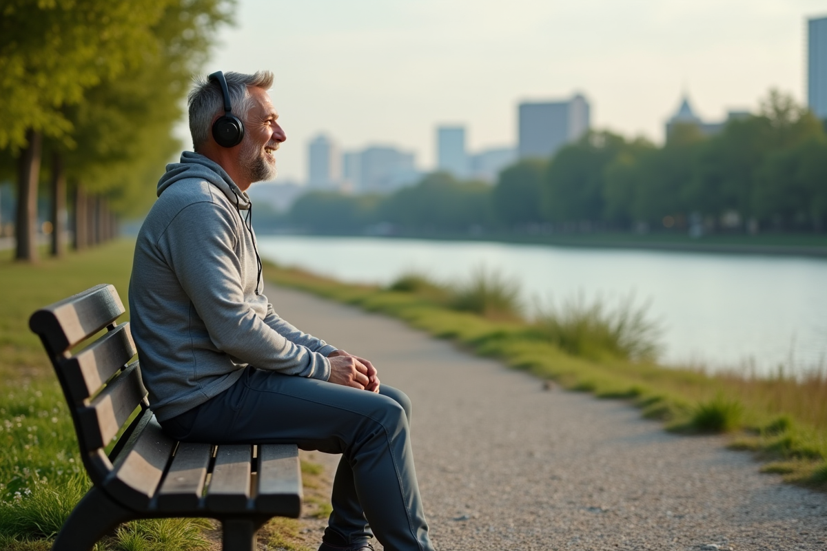 Homme en activewear souriant au parc au bord de l eau